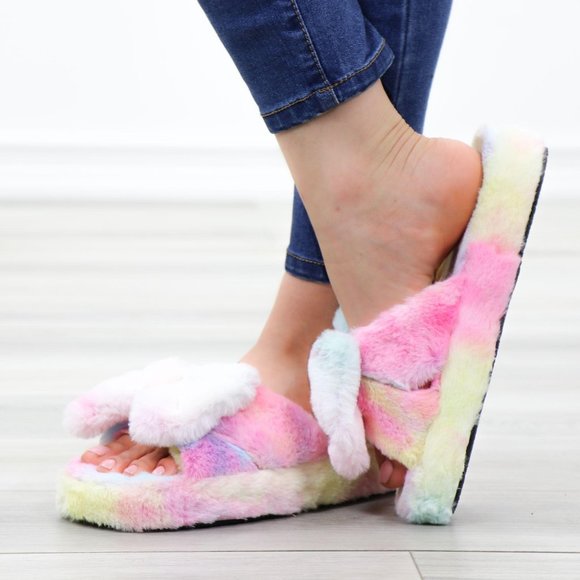 Bow Tie Plush Slip On Tie Dye Slippers - Picture 11 of 16